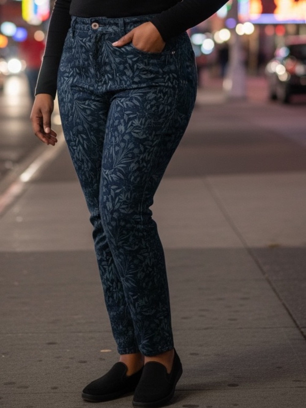 Style & Co. Navy Floral-Print Curvy Skinny Jeans